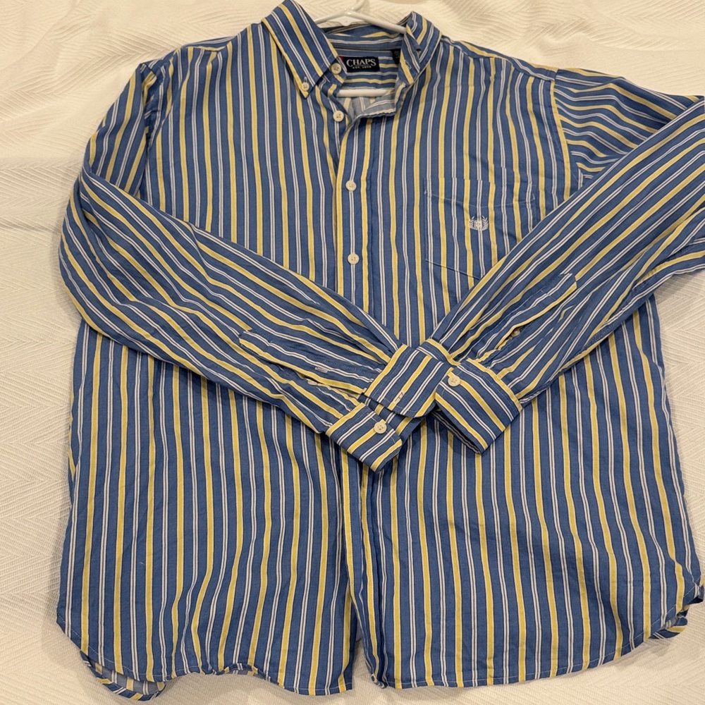 Chaps Men's Striped Button Down Shirt - Blue and Yellow